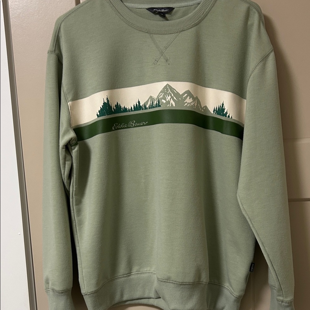 Eddie Bauer Sage Green Mountain Scene Crewneck Sweater